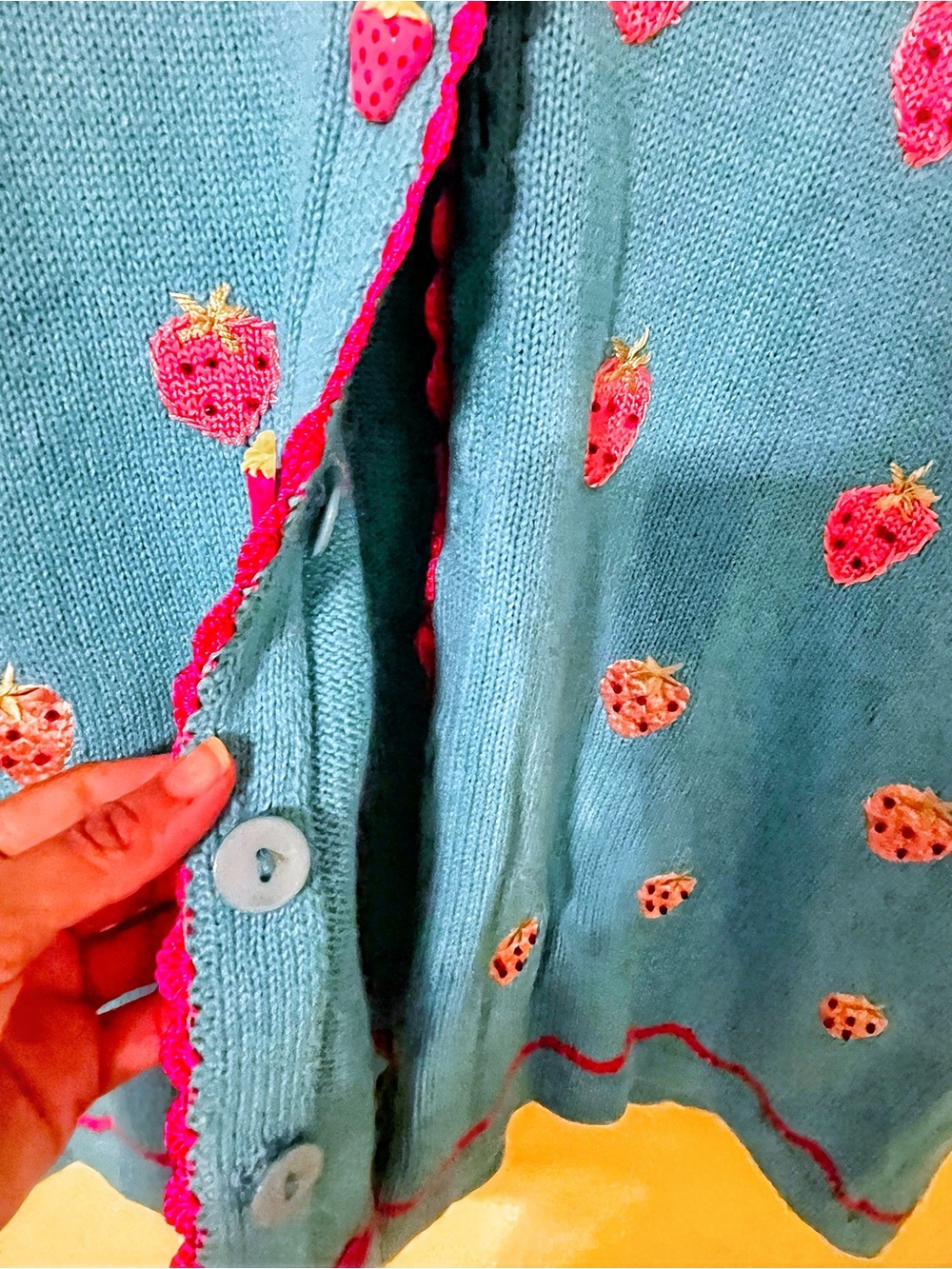 Storybook Knits NWT VINTAGE STRAWBERRY Cardigan Blue Crochet Trim Sweater - Picture 9 of 13